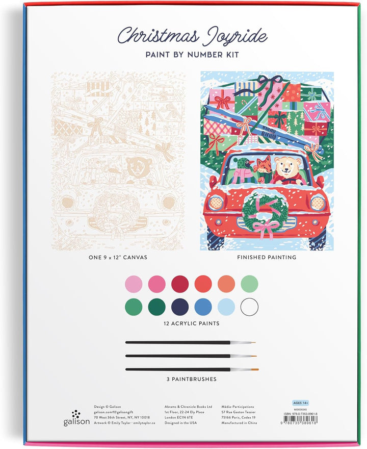 Gallion Christmas Joyride Paint by Number Kit box cover, showing the design layout, finished painting illustration of a decorated red truck, 12 paint colors, and included paintbrushes on a white background with a thin red border.