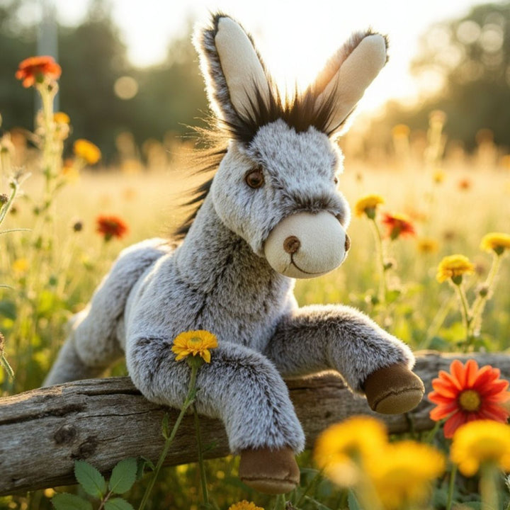 Plush donkey toy on a log with flowers in a field