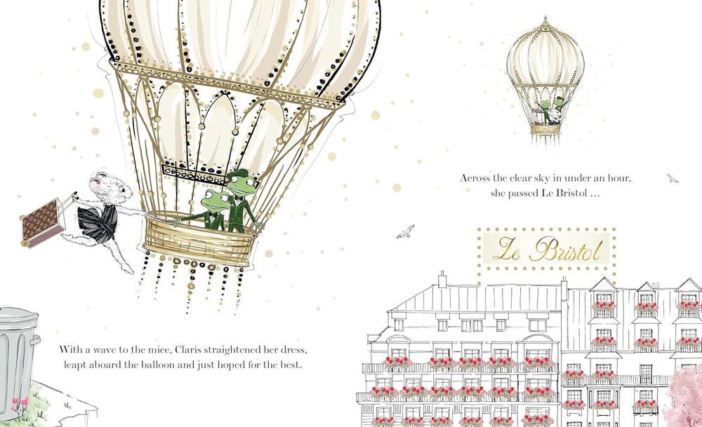 A whimsical travel-themed illustration page featuring a large vintage hot air balloon with a small green frog in the basket, a smaller bird balloon, a line drawing of Le Bristol hotel, and decorative text on a white background.