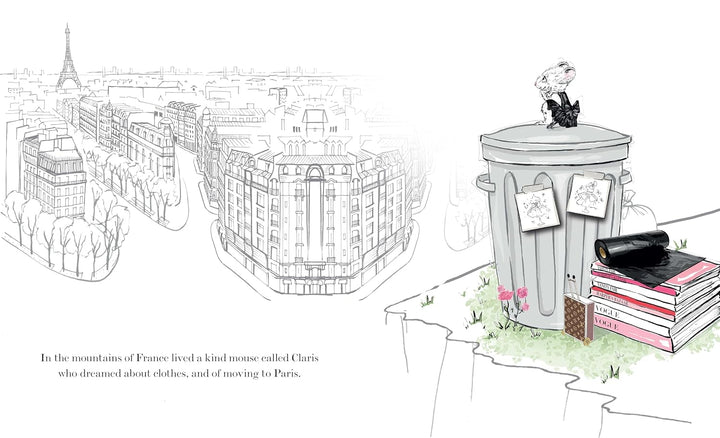 A black-and-white architectural sketch of Paris buildings and the Eiffel Tower on the left, paired with a hand-drawn illustration of a small mouse standing atop a trash can next to a stack of books on the right. Small caption text appears along the bottom left.