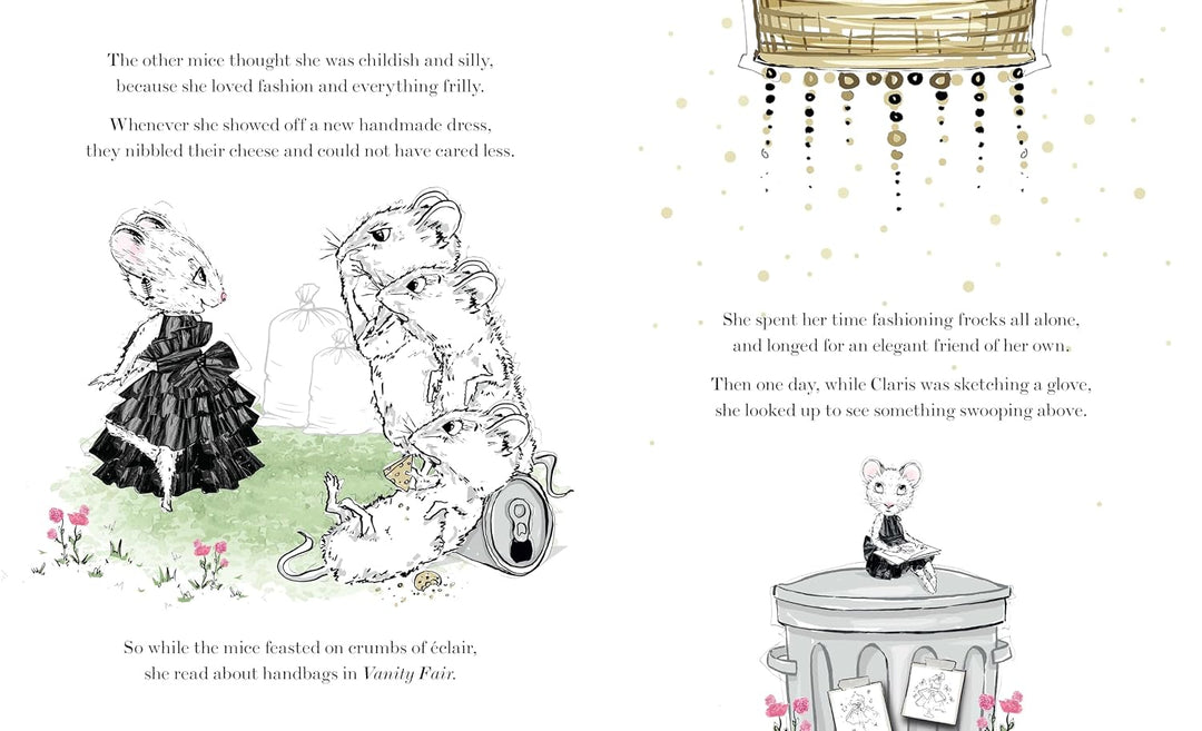 A printed children's book spread with black-and-white illustrations of mice and blocks of text on an off-white page. The page includes a mouse in a dress, a mouse using a telephone, and a mouse sitting on a pedestal, with decorative floral accents near the bottom corners.