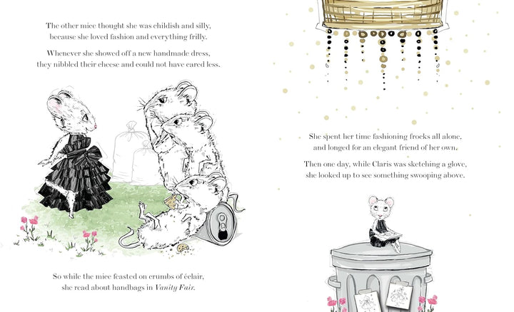 A printed children's book spread with black-and-white illustrations of mice and blocks of text on an off-white page. The page includes a mouse in a dress, a mouse using a telephone, and a mouse sitting on a pedestal, with decorative floral accents near the bottom corners.