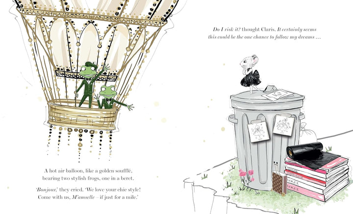 A children's book illustration spread showing a hot air balloon carrying two green frogs, with one frog climbing out of the basket. On the right, a mouse sits on top of a gray trash can next to a stack of books, with handwritten text above and below the scene.