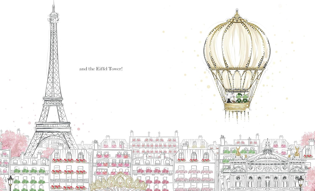 A Paris-themed illustration featuring a black-and-white line drawing of the Eiffel Tower, the Kiffel Tower, and a vintage hot air balloon above a stylized city skyline with pink cherry blossoms and small red carriage details on a white background.