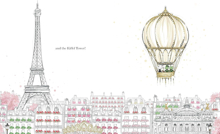 A Paris-themed illustration featuring a black-and-white line drawing of the Eiffel Tower, the Kiffel Tower, and a vintage hot air balloon above a stylized city skyline with pink cherry blossoms and small red carriage details on a white background.