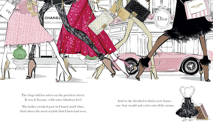 Fashion illustration page showing several women walking in a street scene with handbags, high heels, and a pink car. Visible text includes Chanel, Dior, and Louis Vuitton, with a small fashion sketch and blocks of descriptive text at the bottom.