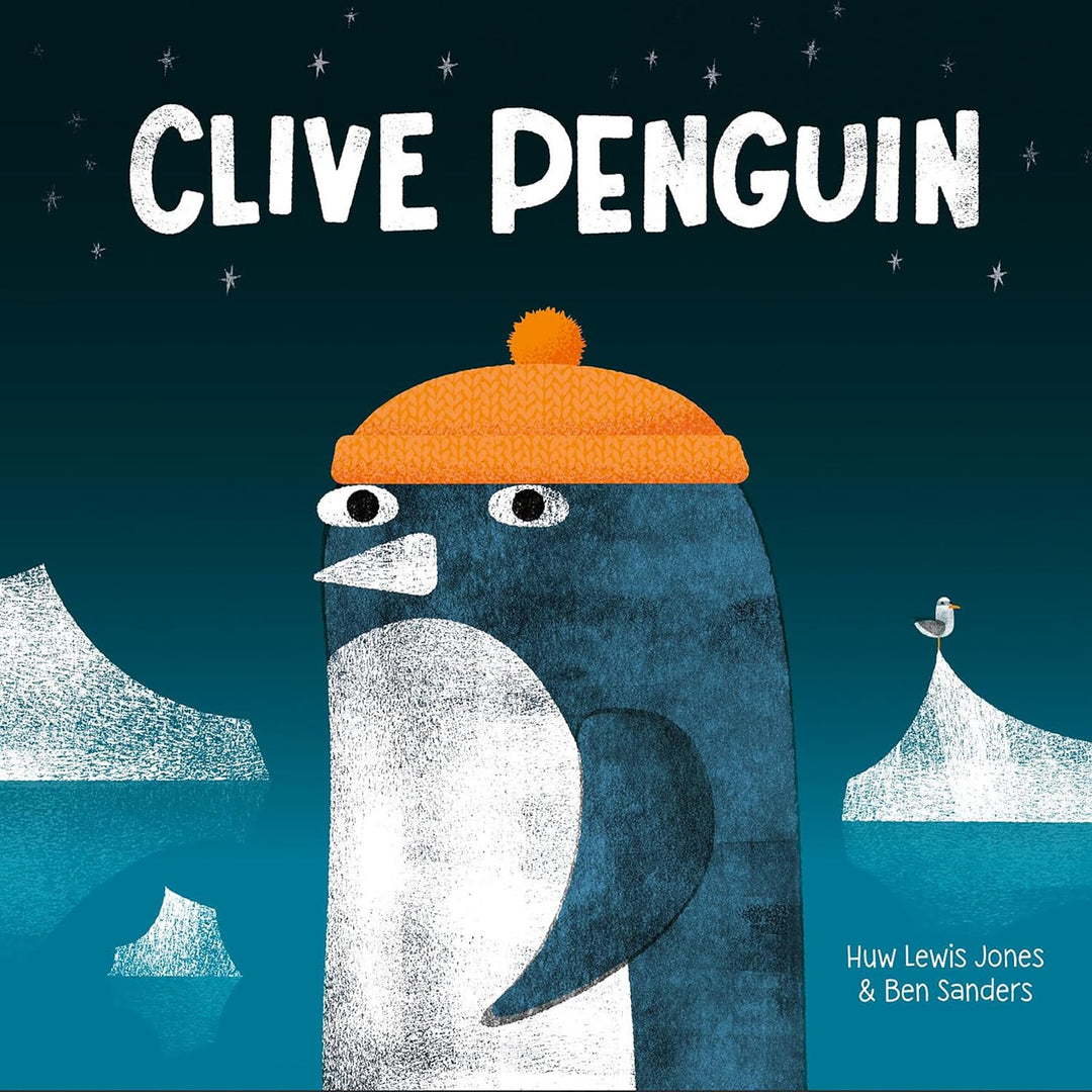 Book cover of 'Clive Penguin' with a penguin wearing an orange hat against a dark blue background.