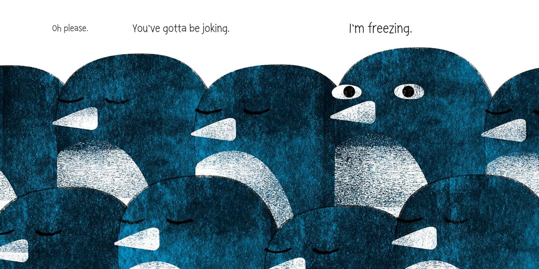 Illustration of penguins with one expressing cold discomfort.