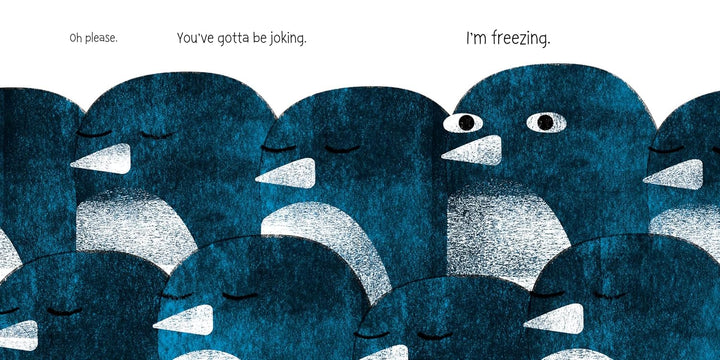 Illustration of penguins with one expressing cold discomfort.