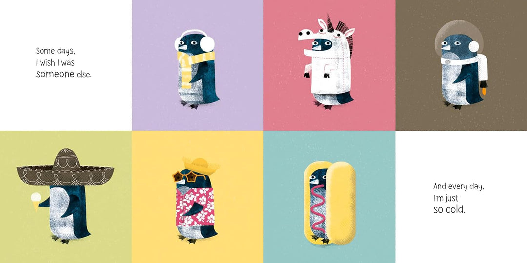 Illustrations of penguins in various outfits on a colorful background with text.