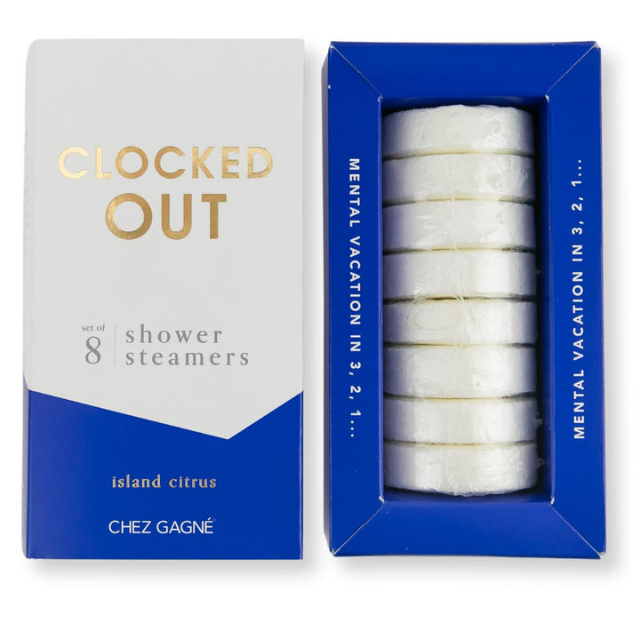 Box of shower steamers with 'Clocked Out' branding on a white background