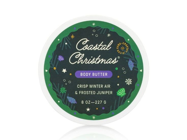 Coastal Christmas body butter container with green label on a white background