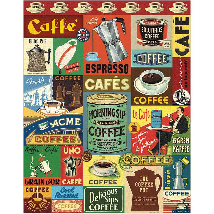 Collage of vintage coffee-themed posters with different fonts and designs.