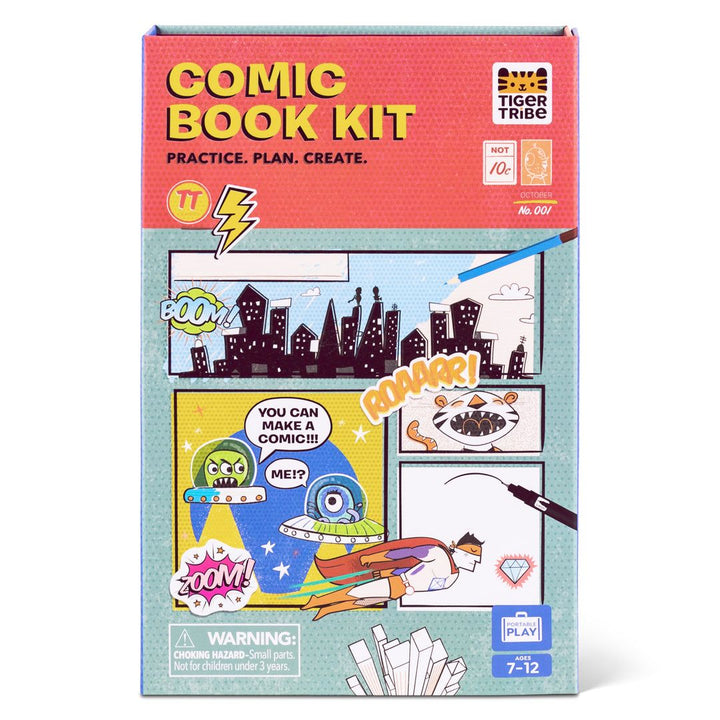 Comic Book Kit packaging with colorful illustrations and text on a white background