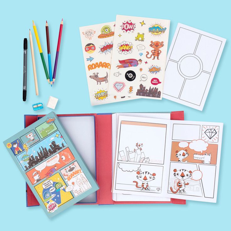 Children's art supplies including coloring books, markers, and stickers on a blue background