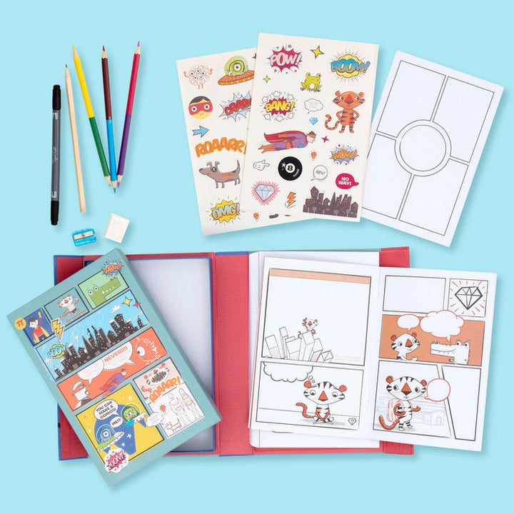 Children's art supplies including coloring books, markers, and stickers on a blue background