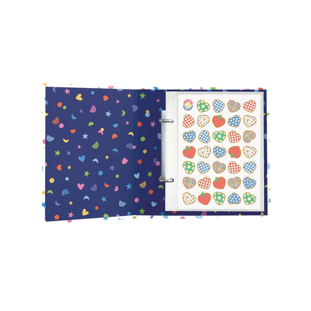 Colorful patterned notebook with a section of stickers on a white background
