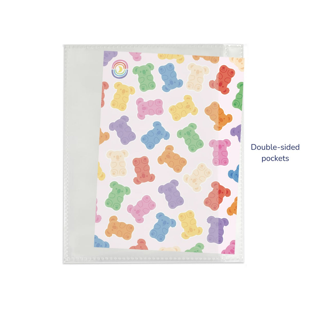 Notebook with colorful gummy bear pattern on a white background
