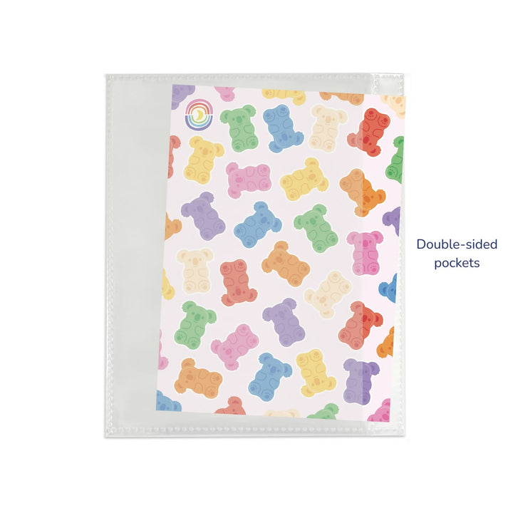Notebook with colorful gummy bear pattern on a white background