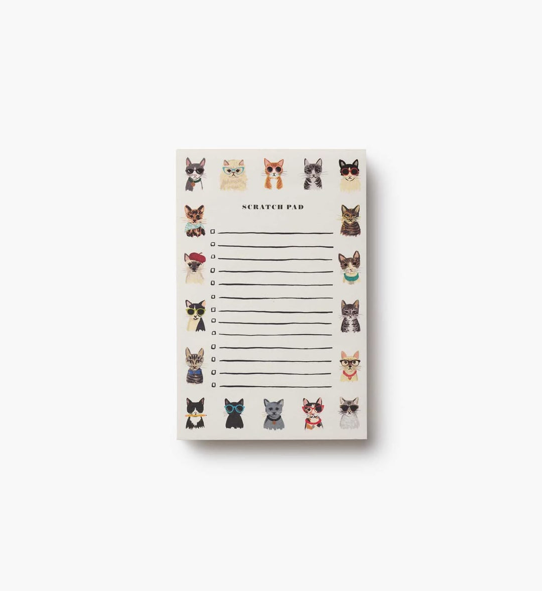 A rectangular scratch pad with a cream background, featuring rows of illustrated cat faces around the border and a central lined writing area. The words 'SCRATCH PAD' are printed at the top.