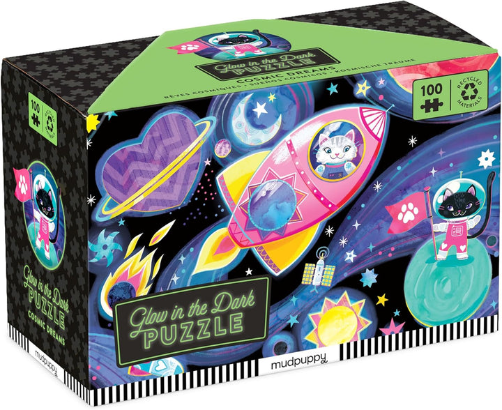Glow-in-the-dark puzzle box with space-themed design and Mudpuppy branding.