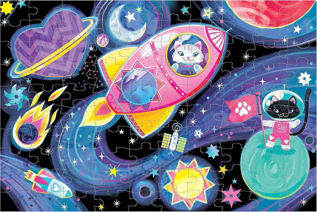 Children's puzzle with space-themed design featuring a rocket, planets, and cats in astronaut suits.