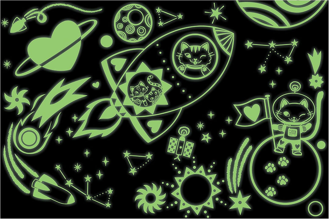 Glowing space-themed stickers with rockets, planets, and cats on a black background