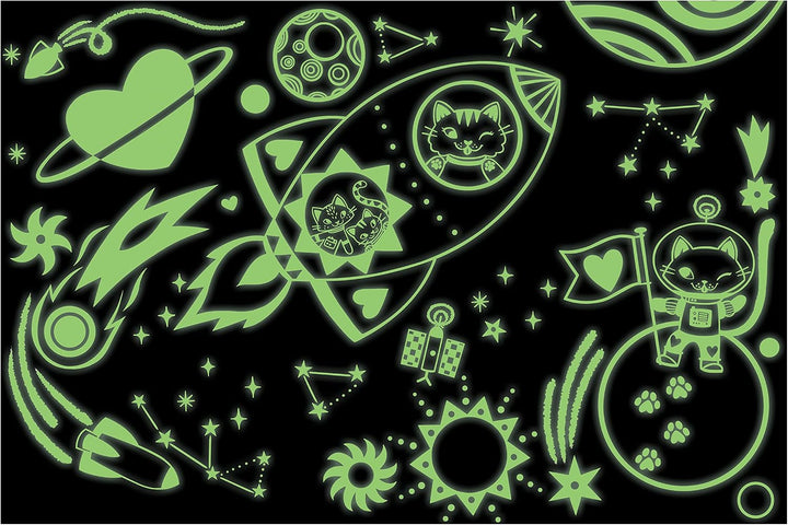 Glowing space-themed stickers with rockets, planets, and cats on a black background