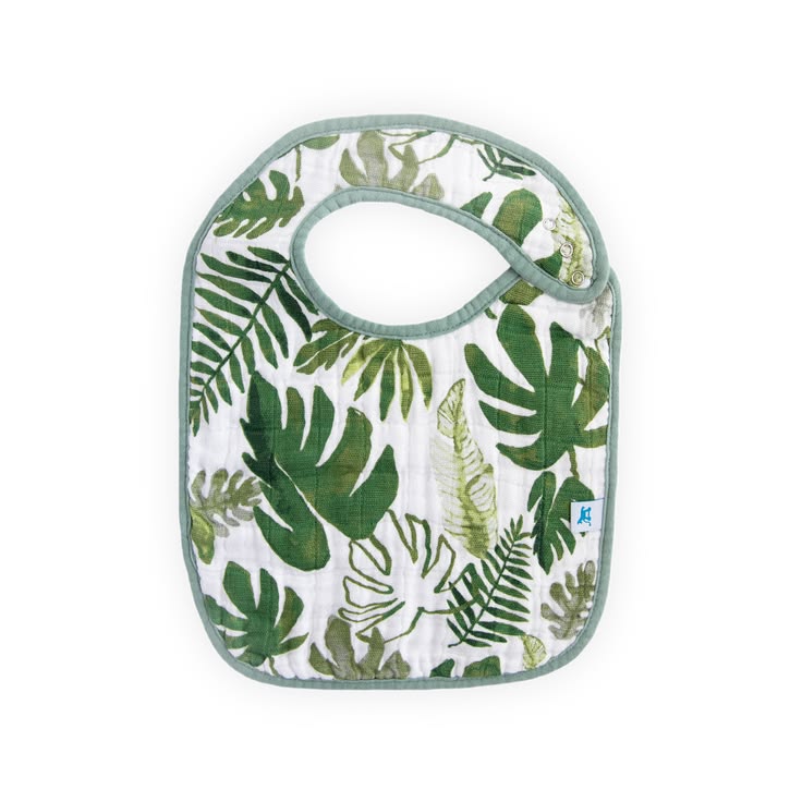 Bib with green leaf pattern on a white background