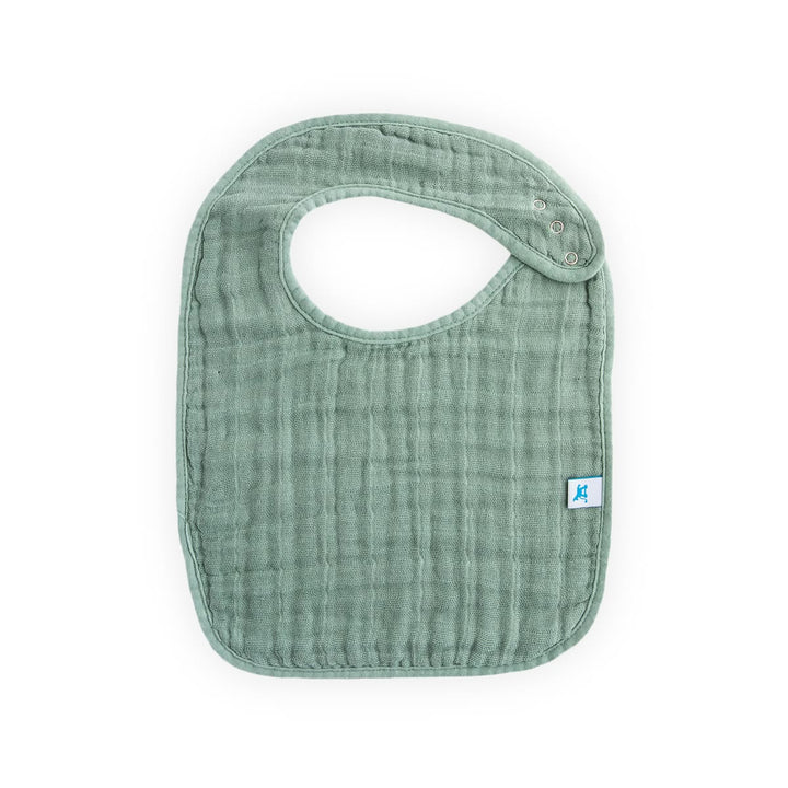Green baby bib with a brand label on a white background