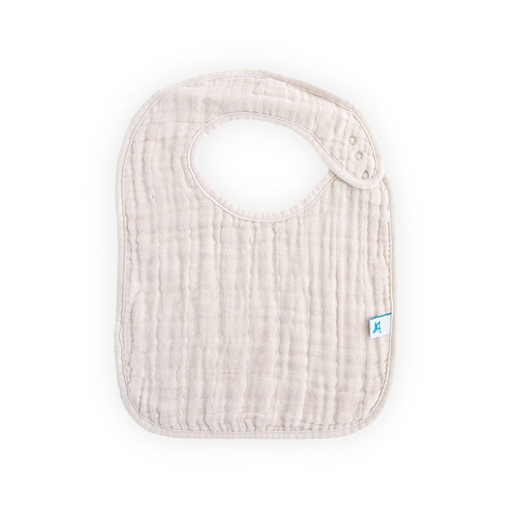 Beige baby bib with a brand logo on a white background