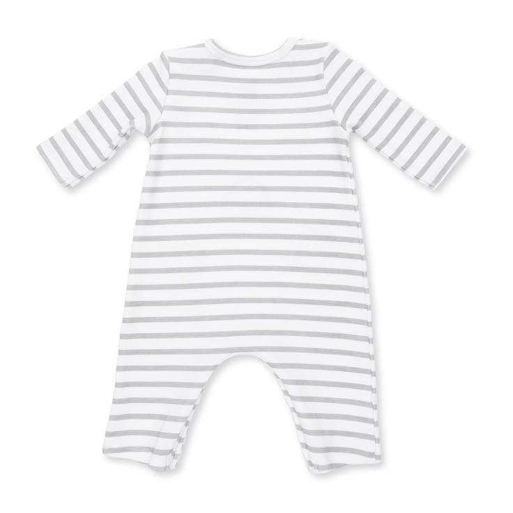 A long-sleeve baby romper with horizontal gray and white stripes, laid flat on a white background.