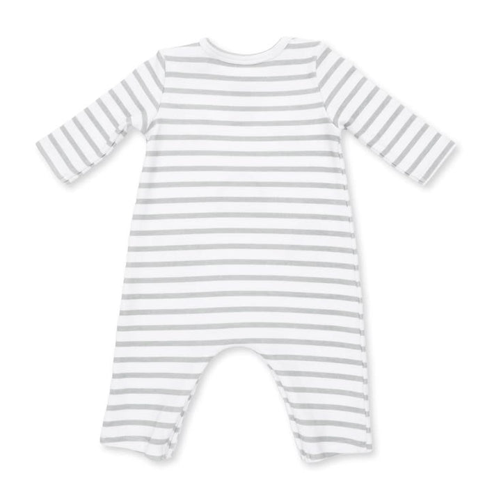 A long-sleeve baby romper with horizontal gray and white stripes, laid flat on a white background.
