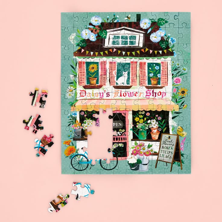Jigsaw puzzle of a flower shop with completed pieces on a pink background
