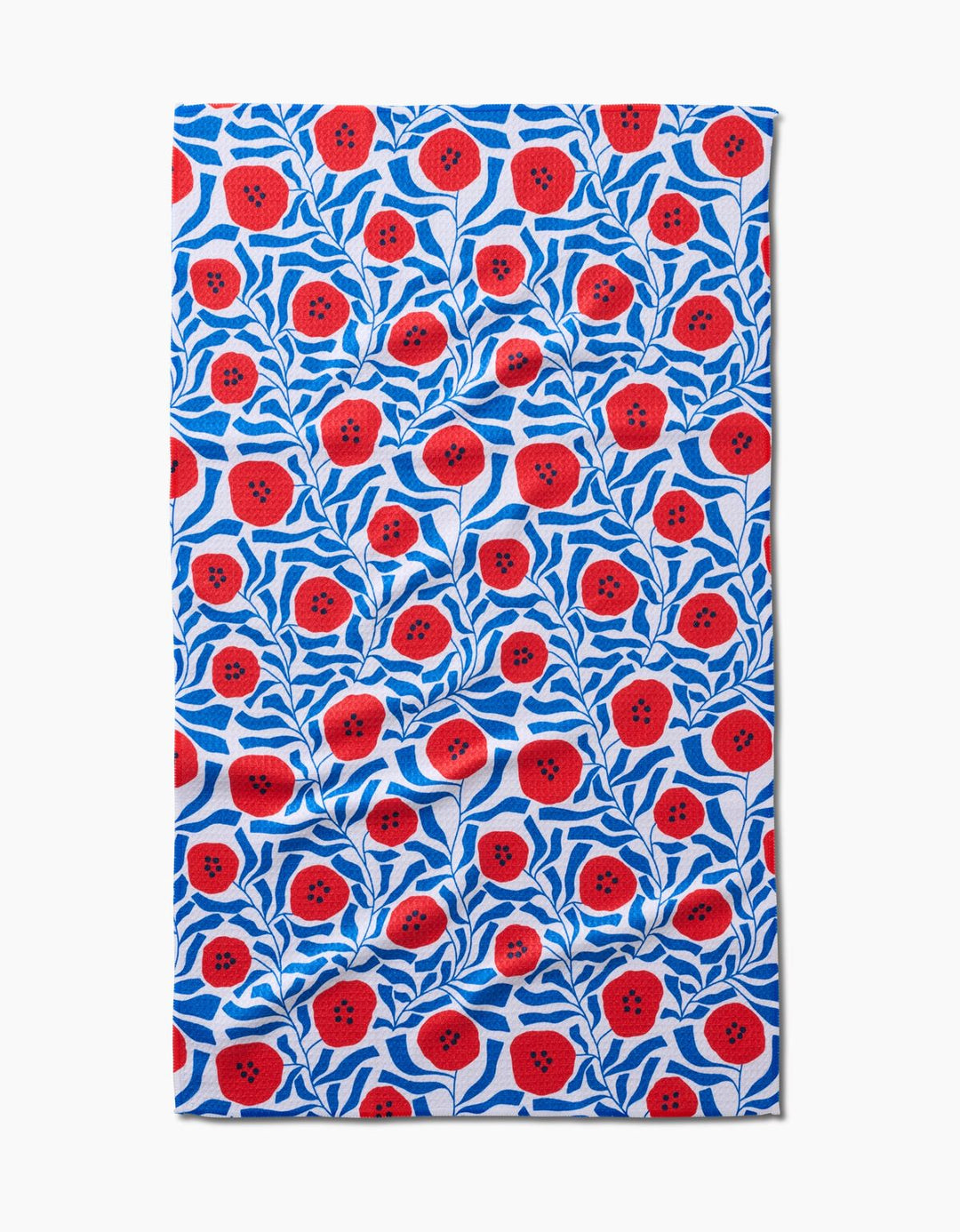 Fabric with red floral pattern on a blue background