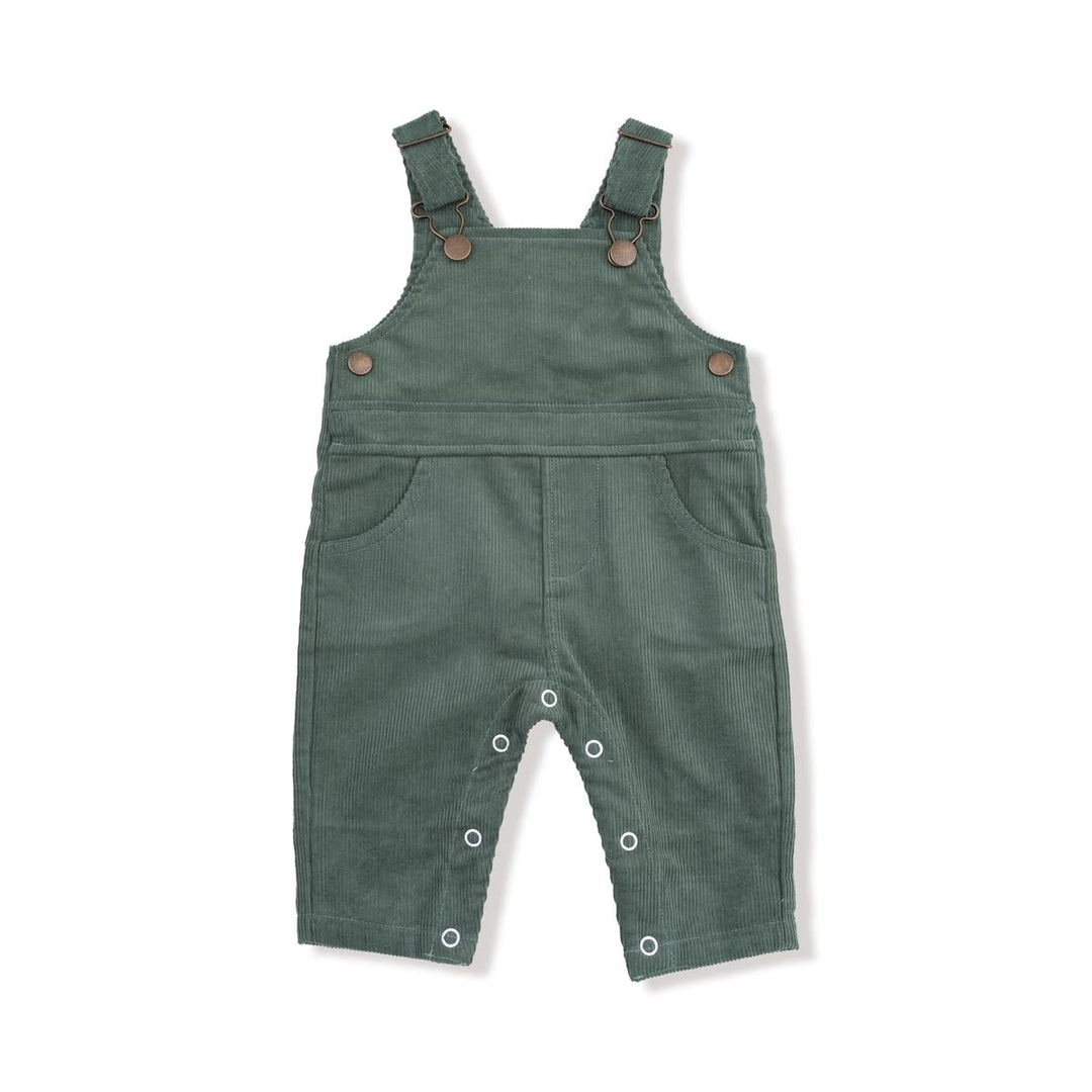 Green children's overalls with button details on a white background