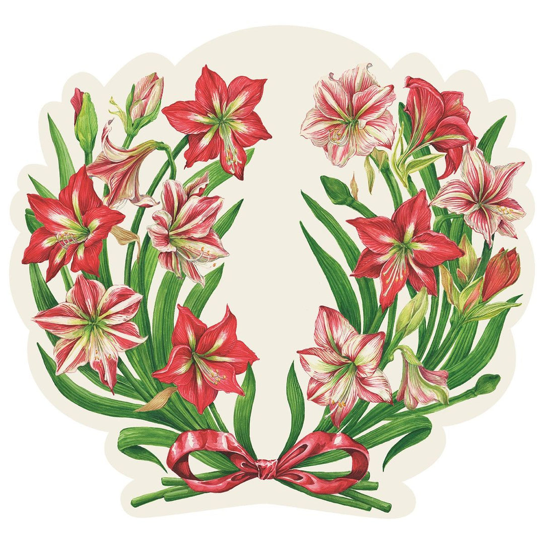 Decorative wreath with red and pink flowers and a bow on a white background