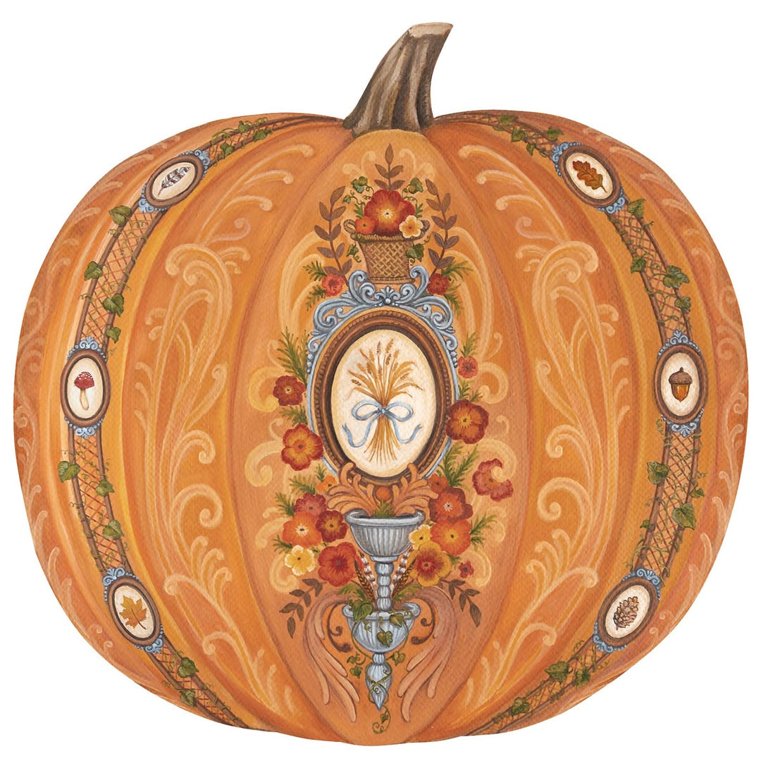 An illustrated decorative pumpkin with an autumn-themed design, featuring a central floral wreath motif, acorns, and a blue goblet, on a plain white background.