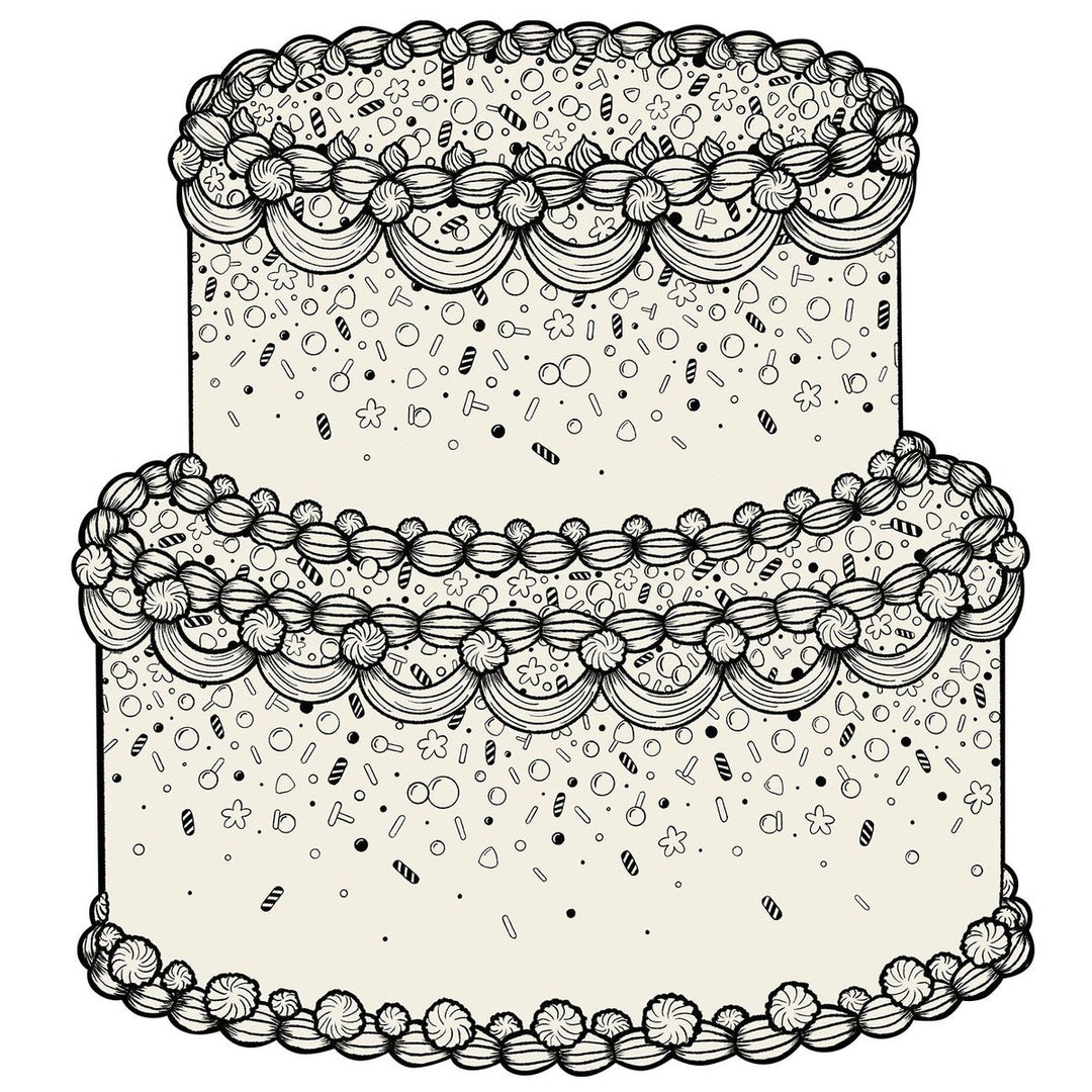 Black and white illustration of a decorative cake with intricate patterns