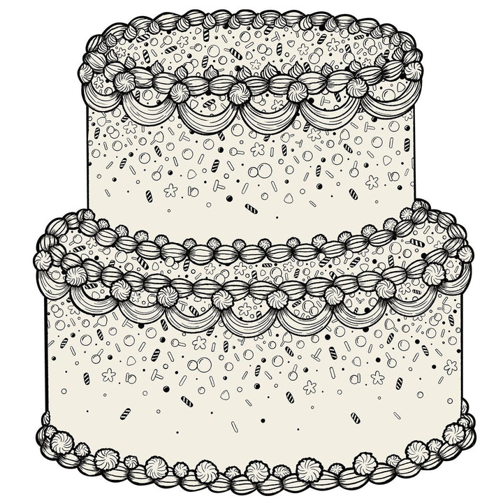 Black and white illustration of a decorative cake with intricate patterns