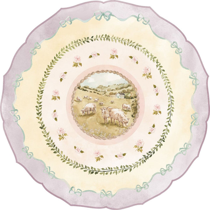 Decorative plate with pastoral scene of sheep in a field and floral border.