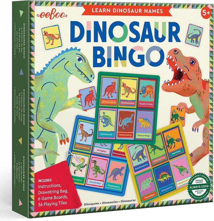Dinosaur Bingo educational game box with colorful dinosaur illustrations, game board, cards, and included accessories shown on the front and side of the packaging.