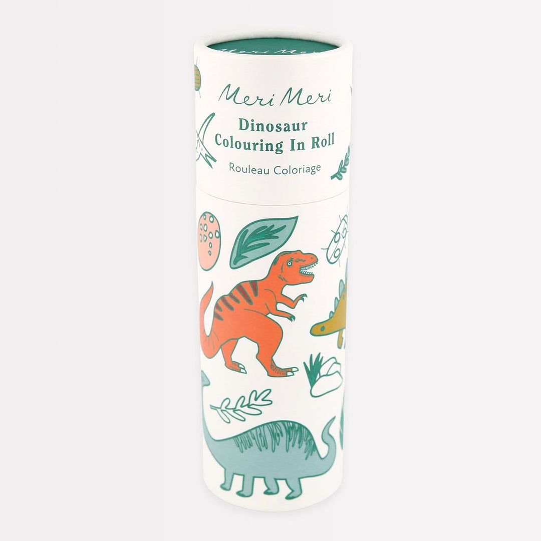 Cylindrical packaging for a dinosaur coloring roll with illustrations on a white background