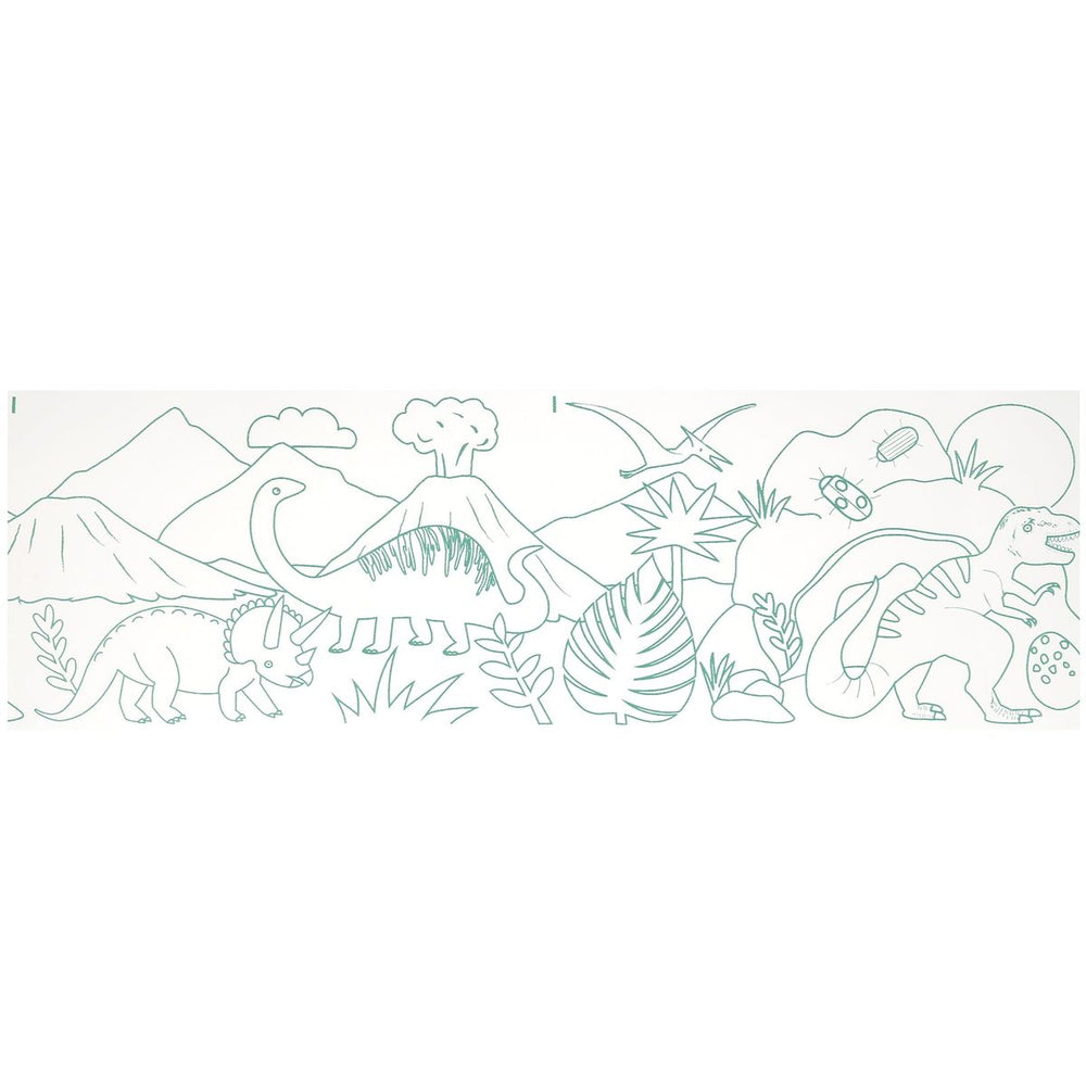 Outline of dinosaurs and a volcano on a white background