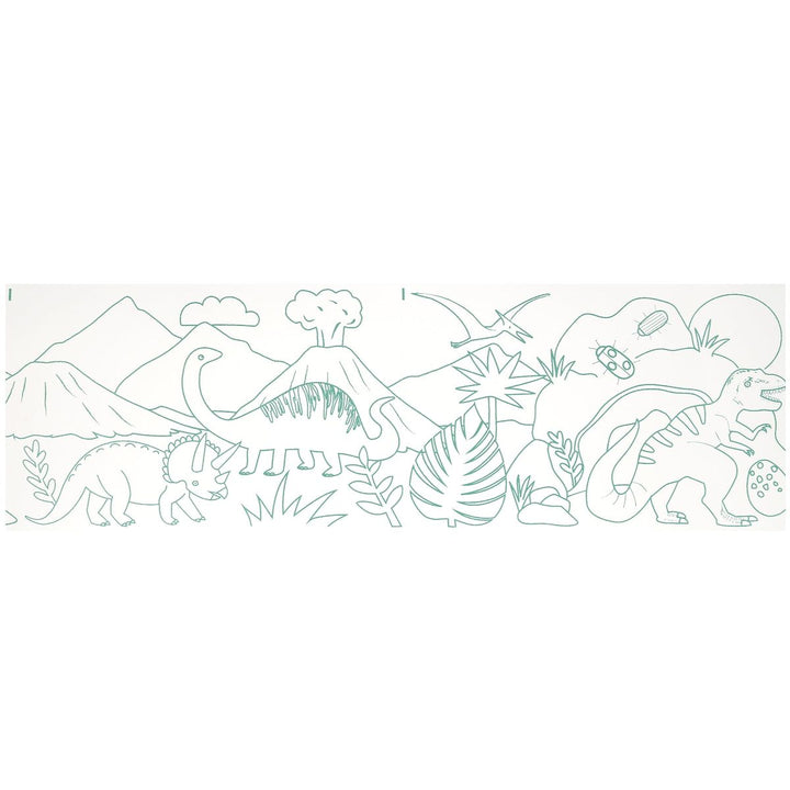 Outline of dinosaurs and a volcano on a white background