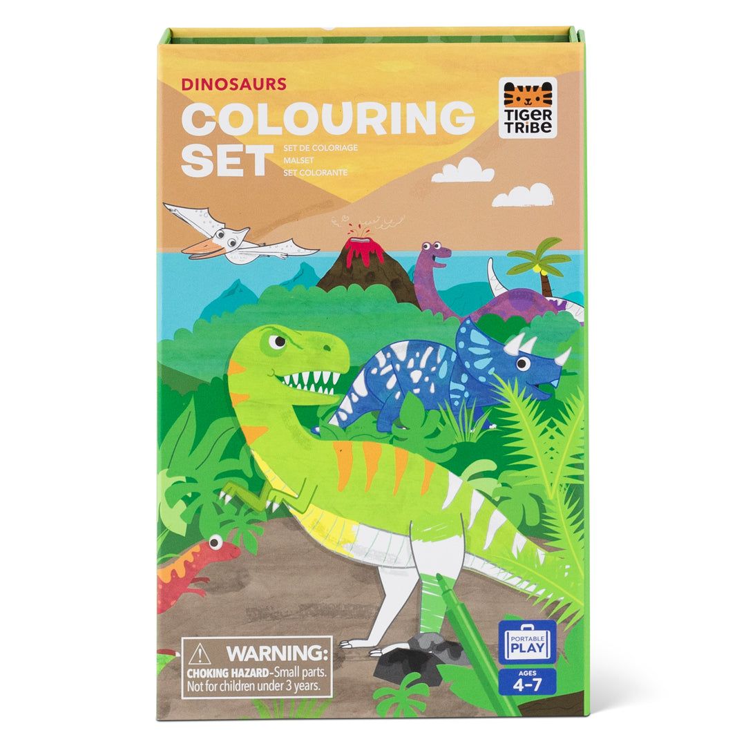 Dinosaurs colouring set packaging with illustrations of dinosaurs and a mountain landscape.