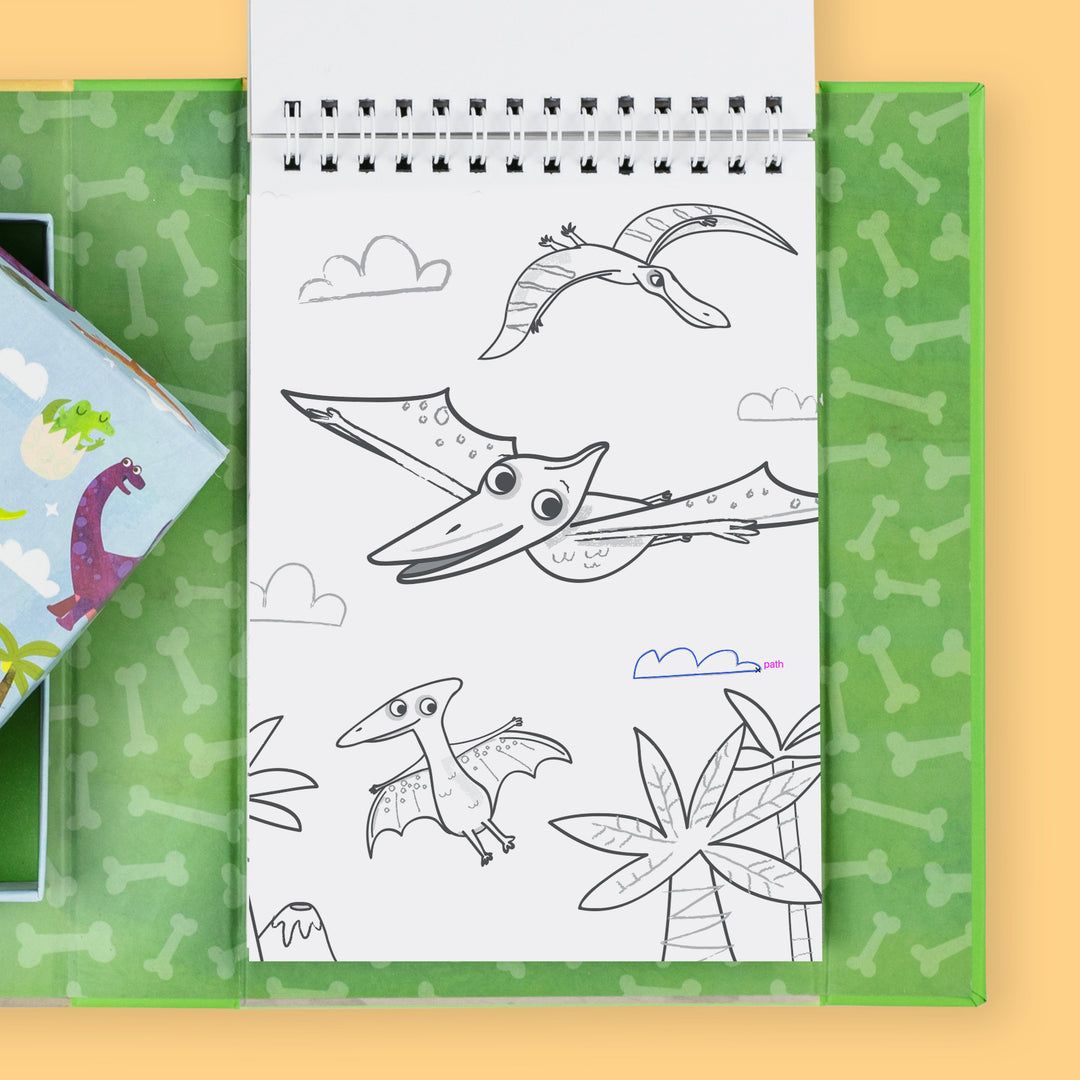 Coloring book with dinosaur illustrations on a yellow background