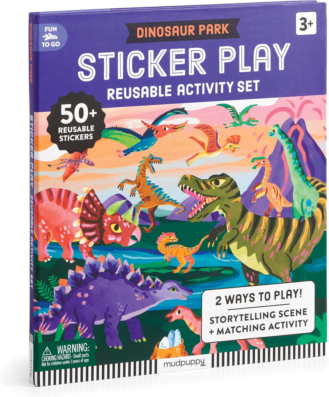 Dinosaur Park Sticker Play Reusable Activity Set book cover, featuring a colorful illustration of various dinosaurs in a prehistoric landscape. The cover has a purple header and includes text highlighting '50+ reusable stickers' and '2 ways to play!'.