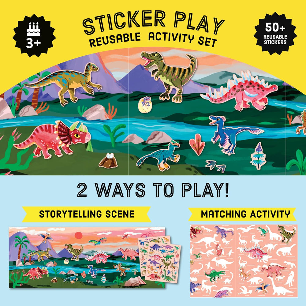Dinosaur-themed reusable activity sticker set packaging with colorful illustrated dinosaurs, text reading 'Sticker Play Reusable Activity Set,' '2 ways to play,' and two example activity sheets shown below.