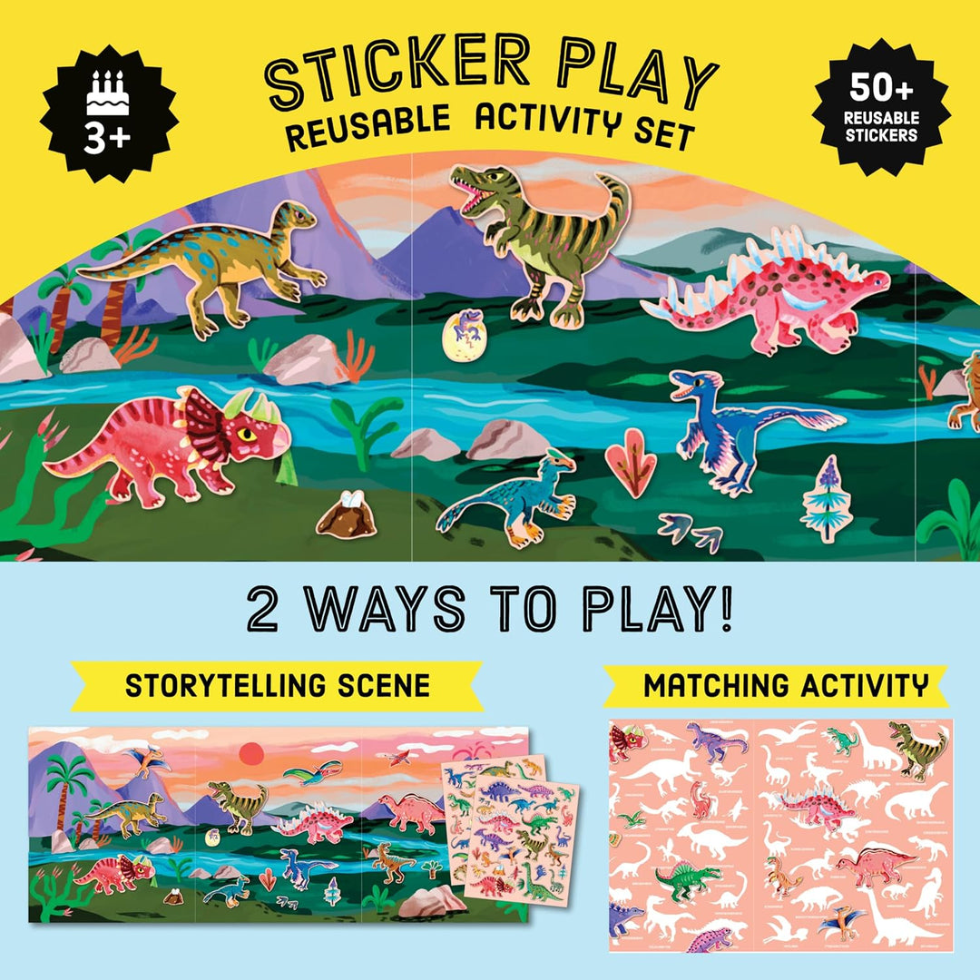 Dinosaur-themed reusable activity sticker set packaging with colorful illustrated dinosaurs, text reading 'Sticker Play Reusable Activity Set,' '2 ways to play,' and two example activity sheets shown below.